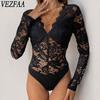 VEZFAA Женские модные повседневные боди с однотонным принтом весна-осень с длинным рукавом и V-образным вырезом