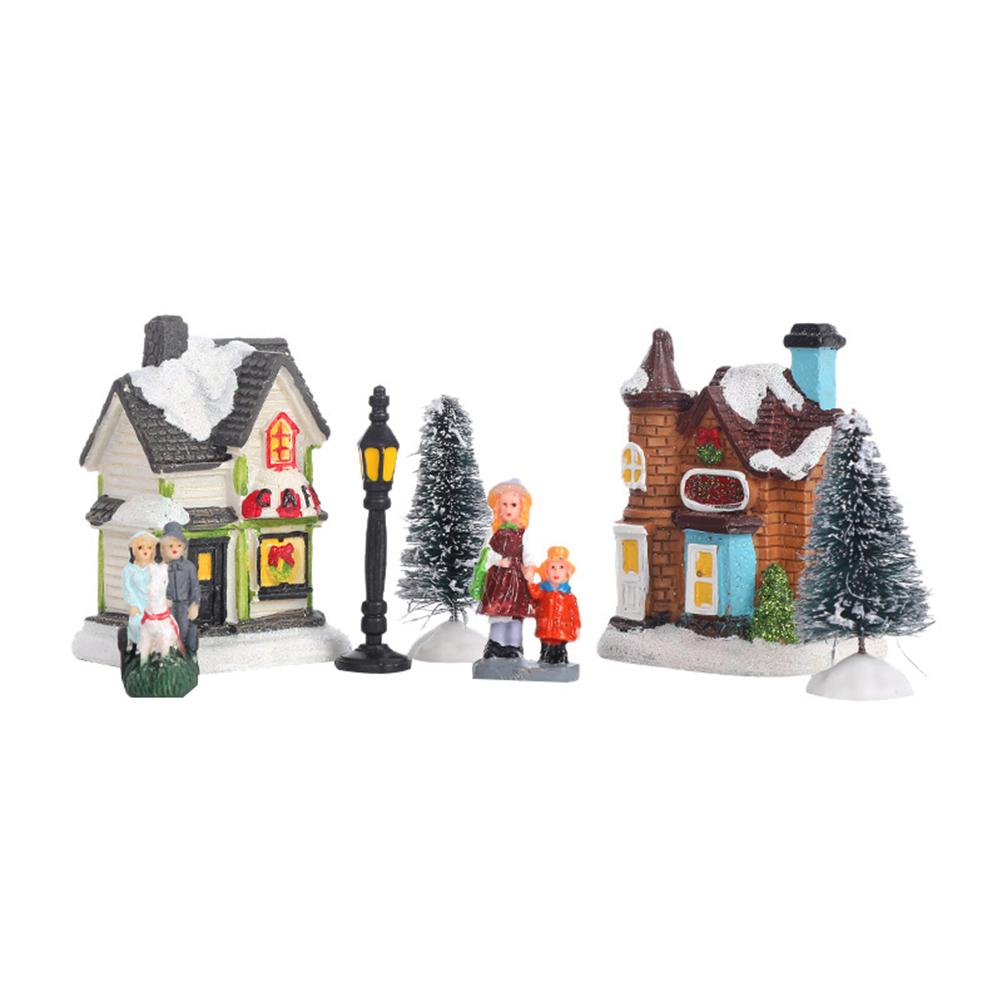 Christmas Village Set Resin Christmas Scene Village LED Lighted Miniature Houses Town Christmas