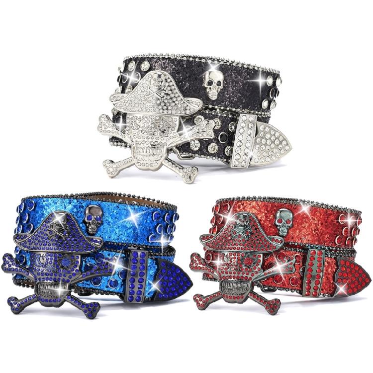 Rhinestones Studded Pirate Buckle Belt for Adult Teens Street Waistband for Pants Shimmering Waiststrap Waist Ornament