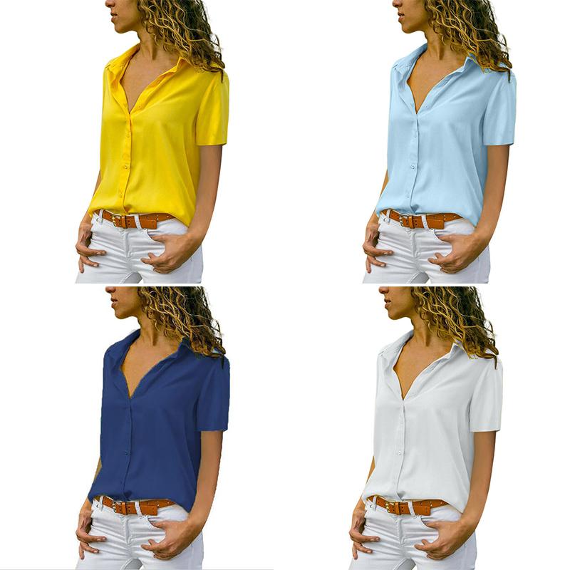 Women Solid Loose Tops Chiffon T-shirt Blouse Shirt Short Sleeve Summer Fashion V Neck Casual New Tees Ladies