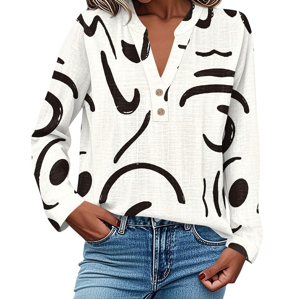 Женская модная и повседневная рубашка с длинным рукавом, V-образным вырезом, на пуговицах, с принтом, блузка, топ