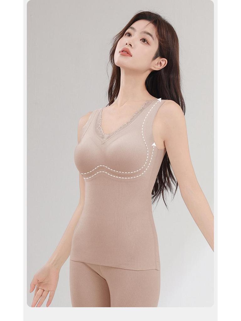 Lace Tila Cashmere Silk Vest: Brushed, Heat-Retaining Warm Fleece with Chest Pads for Women – Perfect for Autumn and Winter