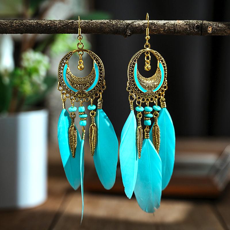 Серьги-перья с дизайном в виде полумесяца antique gold color для женщин, длинные, этнические, элегантные, бохо, для вечеринки, отпуска, повседневные украшения