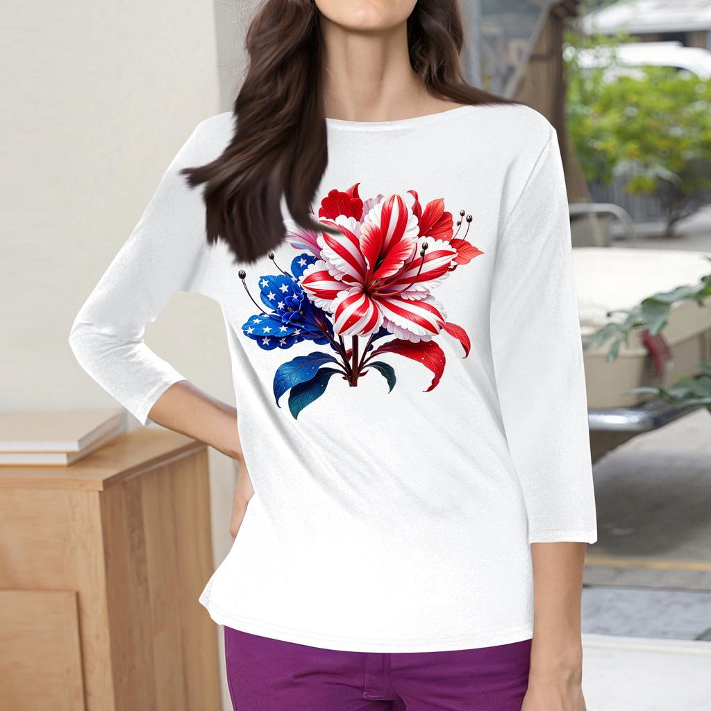 3/4 Sleeve Tops For Women T-Shirt Casual Print Tops T Shirt Round Neck Pullover Blouse