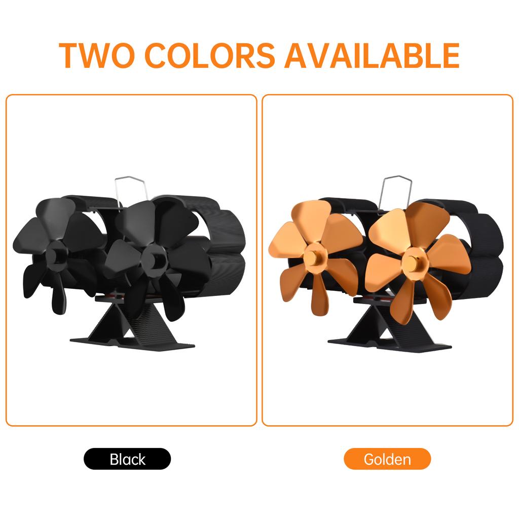 Dual Head 6 Blade Heat Powered Stove Fan with Carrying Handle and Overheating Protection Portable