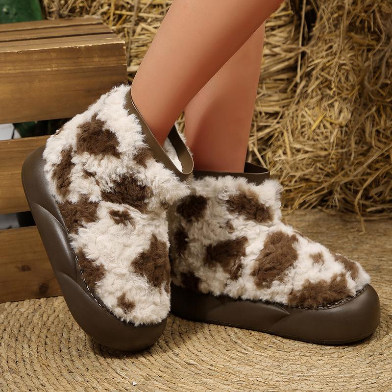 Fashion Thick Sole Fluffy Snow Boots Women Vintage Printed Thicken Plush Winter Ankle Boots Woman Non Slip Platform Cotton Padded Shoes
