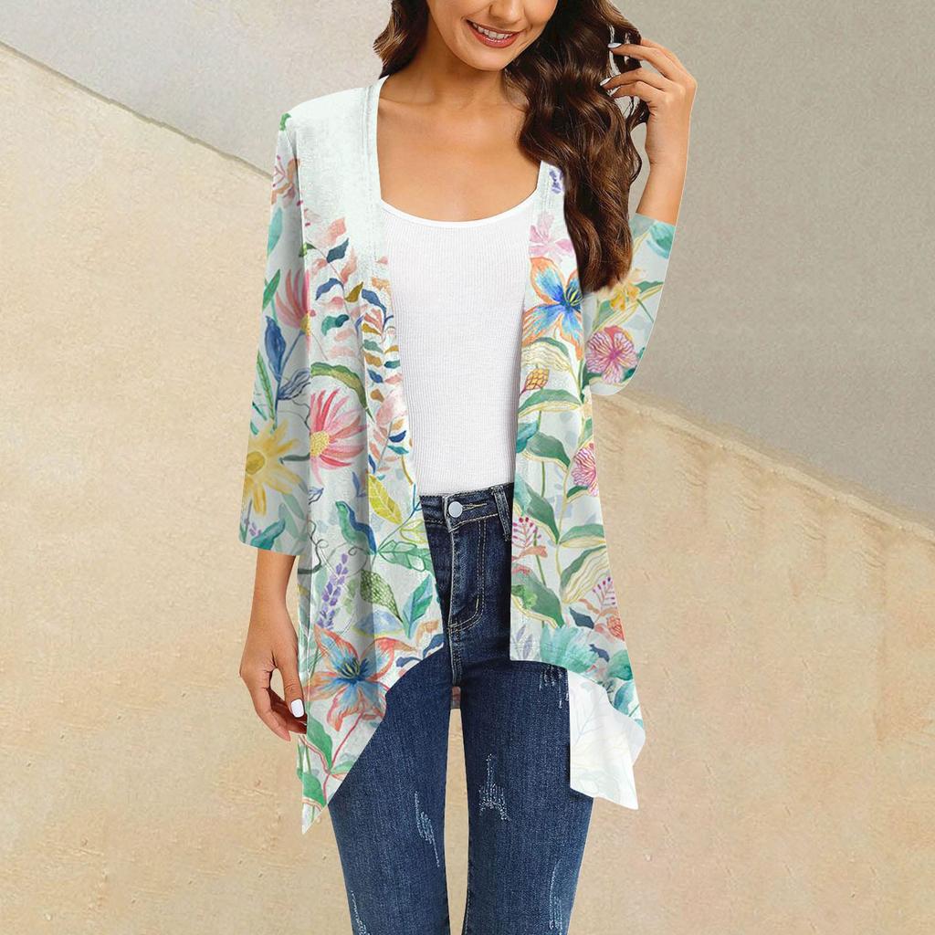 Женский кардиган неправильной формы с принтом, рукавами три четверти и карманной курткой