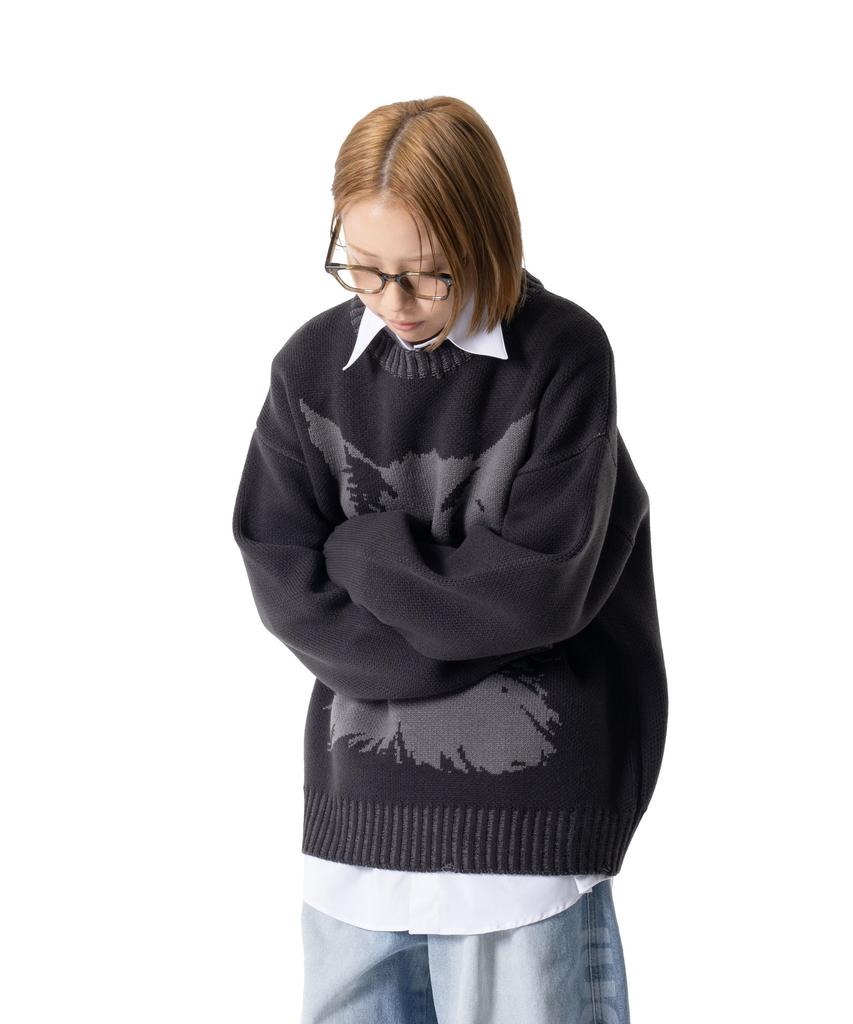 IUGAMAKARAS Cat Graphic Distressed Knit (Charcoal)