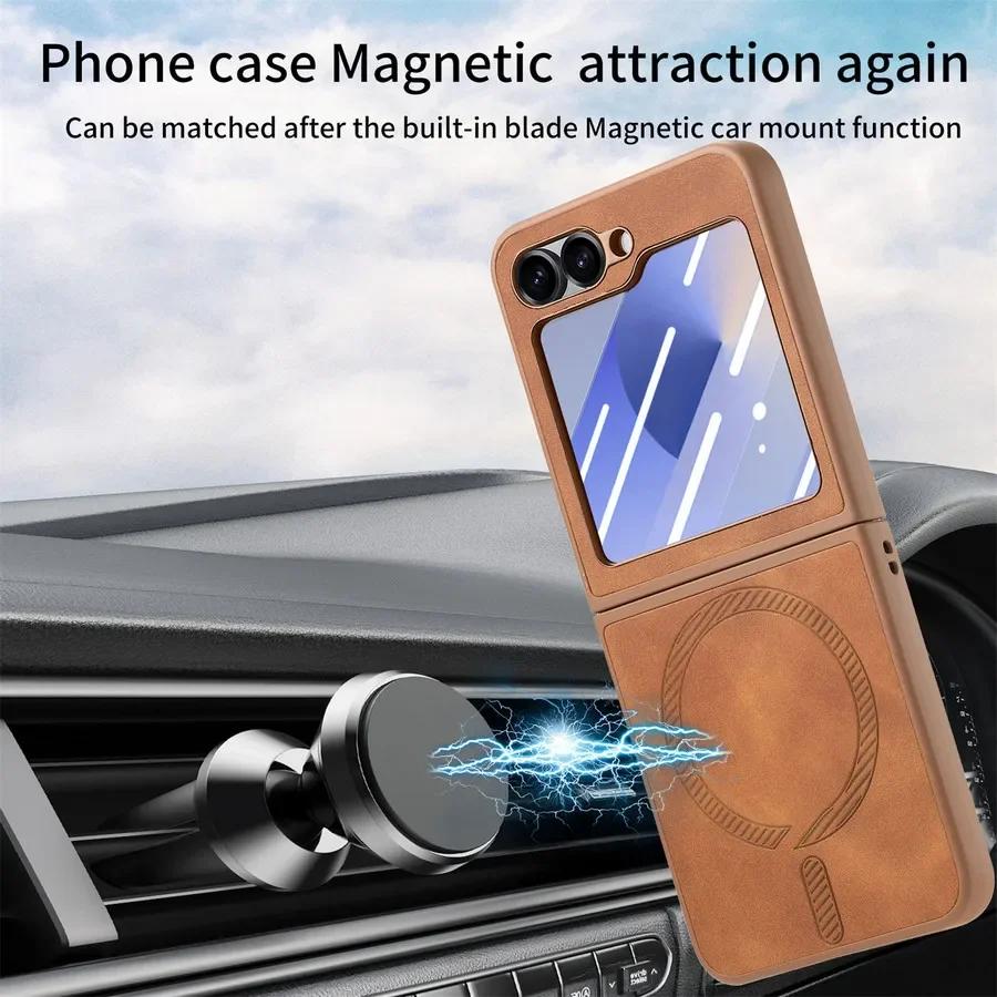 Чехол Magsafe для Samsung Galaxy Z Flip 6 5 4 Матовый кожаный чехол для телефона Samsung Z Flip4 Flip5 Flip6 Защитные чехлы с защитой экрана