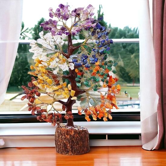 Seven Chakra Crystals and 300 Beads Gemstones Tree Showpiece for Good Luck Home Decor Item Bonsai Money Tree Plant Gift Item Figurine