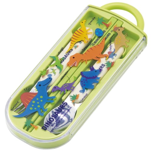 Skater Cutlery Set for Kids, Lunch Box, Chopsticks, Spoon, and Fork, Made in Japan, Sliding Cutlery with Name Stickers, Antibacterial, Trio Set, Dinos