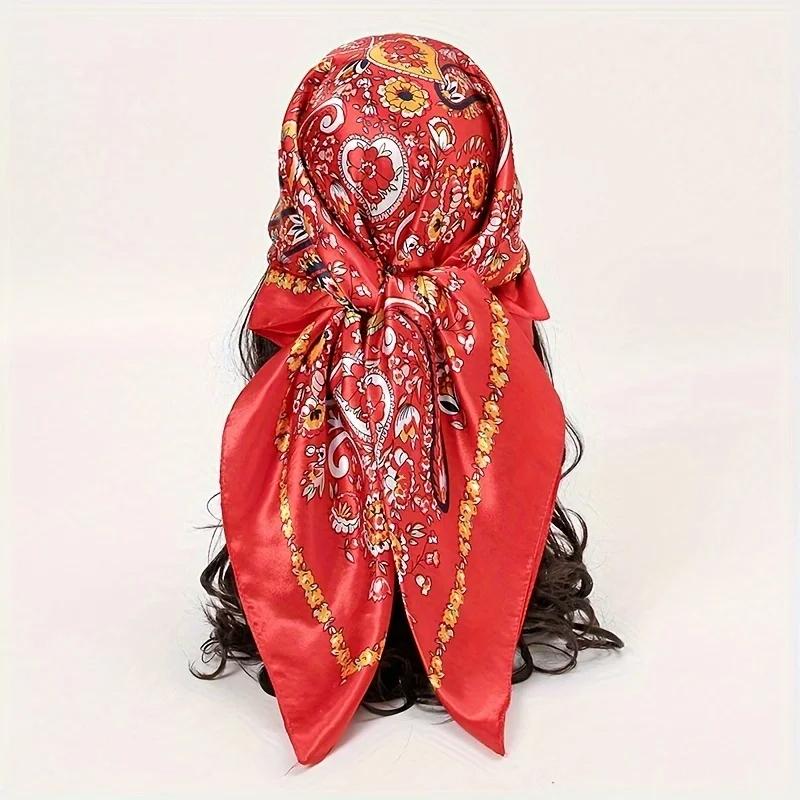 90*90CM Cashew Pattern Satin Square Scarf Fashionable Bohemian Style Hijab Shawl Elegant and Versatile Headscarf Scarf for Women