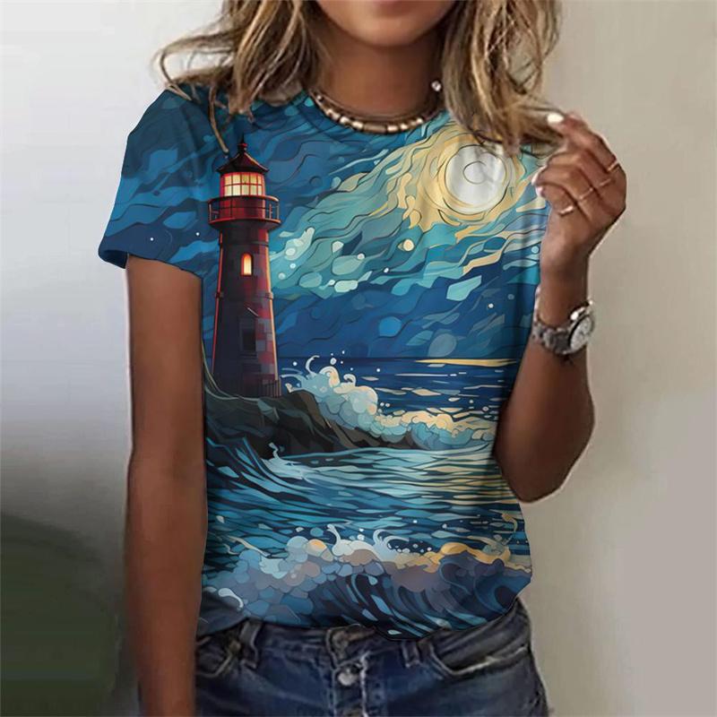 Футболка с изображением маяка в 3D-принте с изображением ночной сцены для женщин, летние повседневные футболки в стиле Харадзюку с короткими рукавами и круглым вырезом