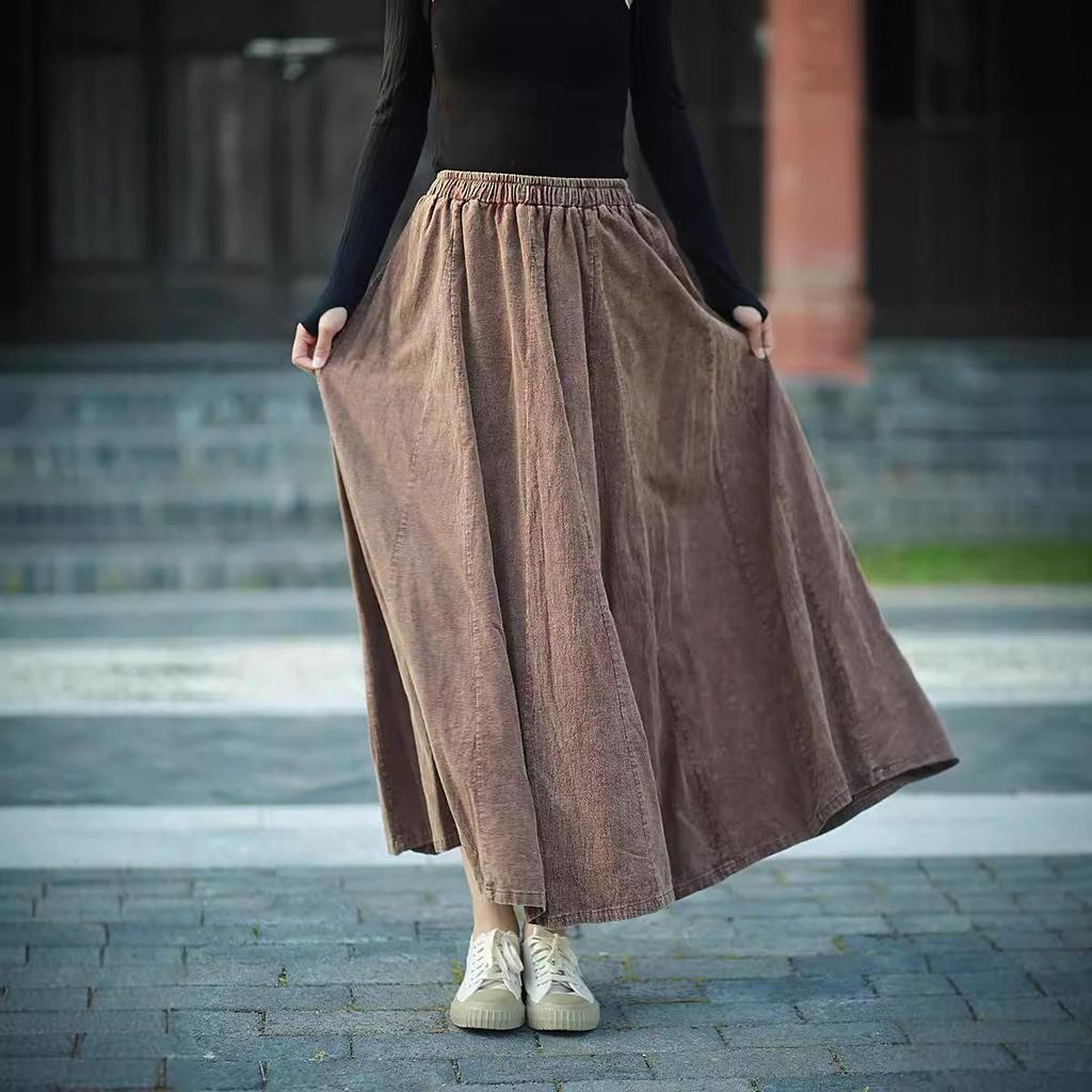 Retro Literary Burnout Cotton Linen Elastic Waist Midi Skirt - Autumn/Winter