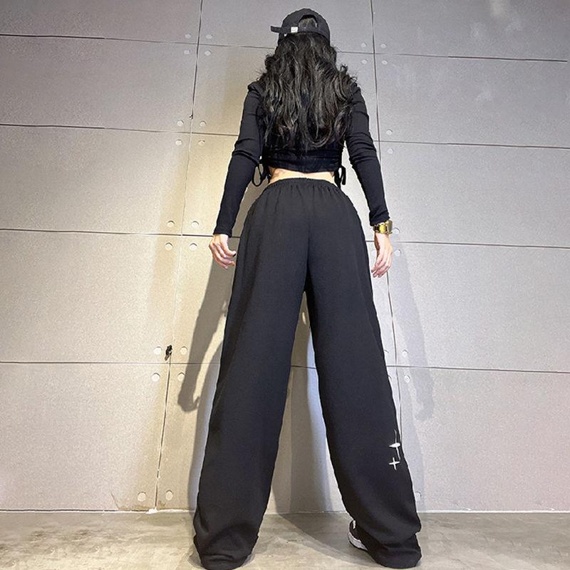 Черные спортивные штаны для бега в стиле Харадзюку со звездным принтом, женские базовые спортивные брюки с широкими штанинами в корейском стиле, большие спортивные штаны Kpop для бега