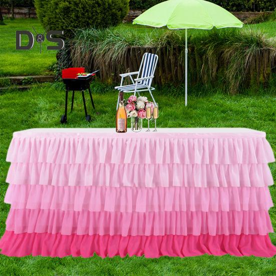 Table Skirt for Rectangle And Round Table Multi-layer Ruffle Reusable Gradient Rainbow Color Beach Parties Ceremony Birthday Party Decoration Table