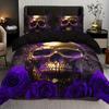 Skull Duvet Cover Set Purple Floral Skull Skeleton Microfiber King Size Halloween Bedding Set 3 Piece