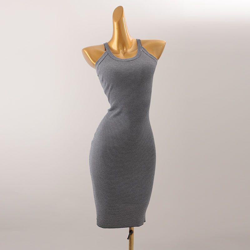 Fashion Style Halterneck Pinstripe Sheath Dress Narrow Shoulder Sleeveless Knitting Silm Slim-Fit Sleeveless Dress