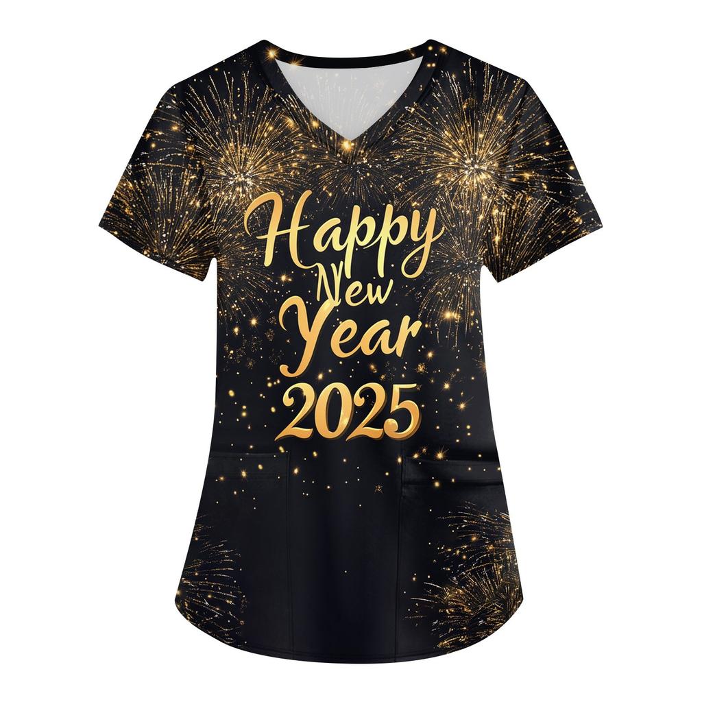 Women's Fashion V-neck Short Sleeve Workwear With Pockets  Printed Tops