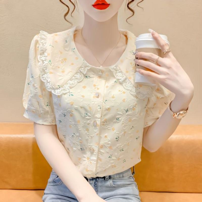 Летние женские топы с короткими рукавами и цветочным принтом, дизайнерские нишевые рубашки с короткими рукавами и милым кукольным воротником