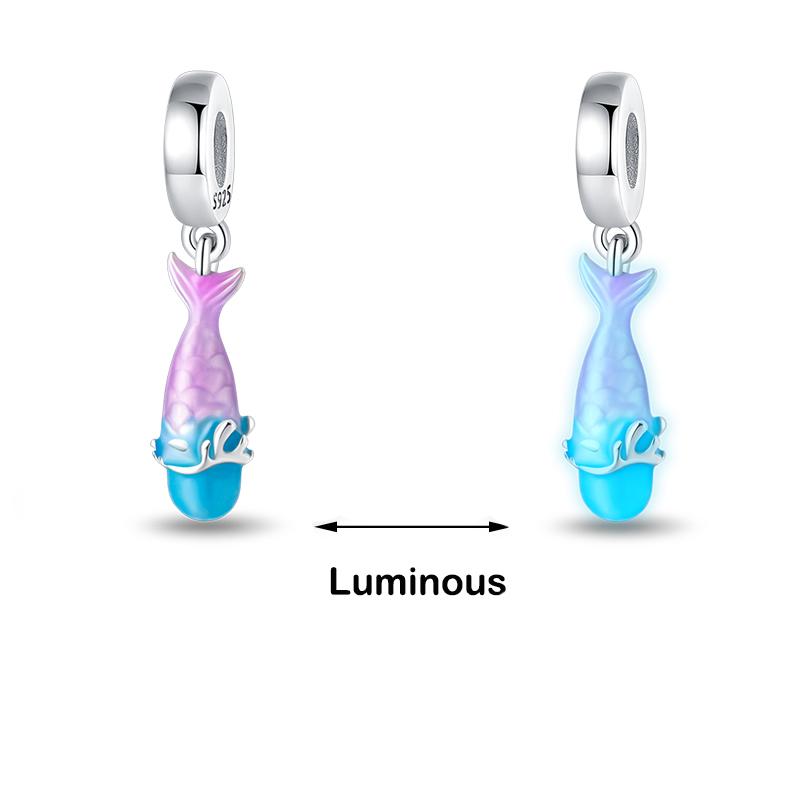 Настоящее серебро 925 пробы кит осьминог морская ракушка синие светящиеся подвески бусины подходят 925 оригинальные браслеты DIY ювелирные украшения