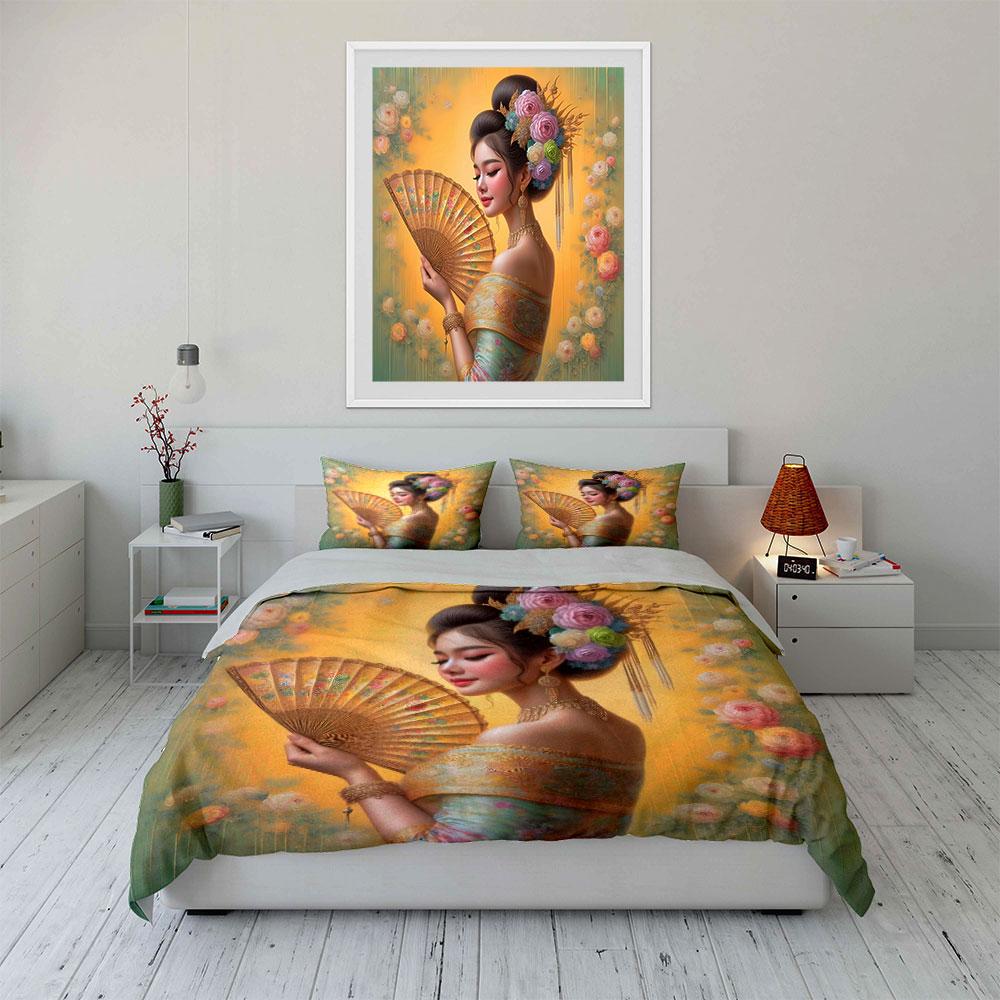 Floral, fan, elegant portrait. Bedding sets Duvet cover sets Duvet covers Pillowcases(1 * Duvet Cover 2 * Pillowcases without duvet insert)