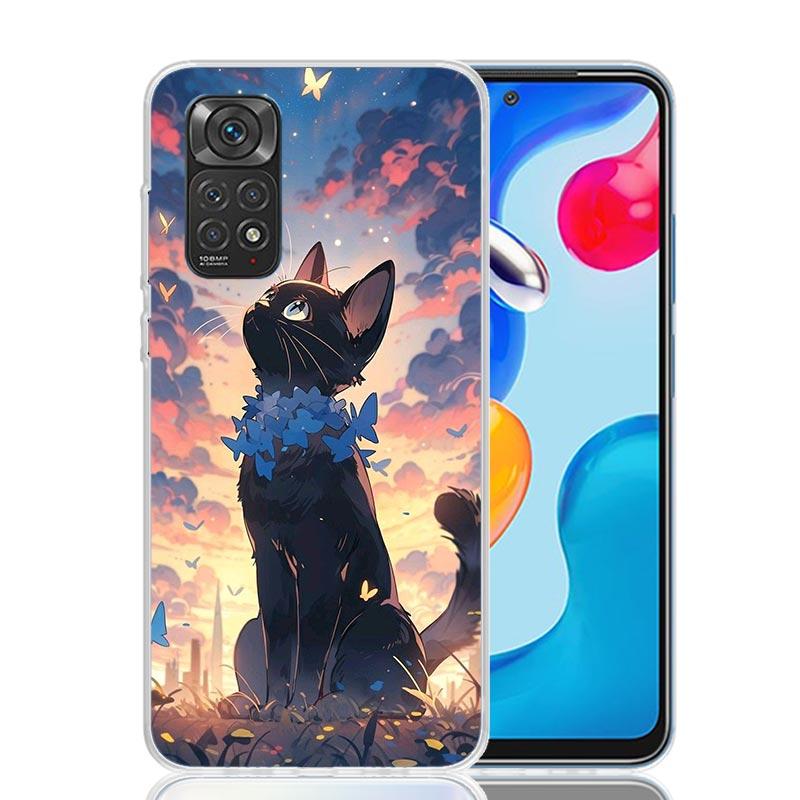 Аниме Милый Черный Кот Мяу Чехол Для Телефона Для Xiaomi Redmi Note 15 14 13 12S 12 Pro Plus 11S 11E 11 11T 10S 10 Арт Мягкий Чехол С Рисунком
