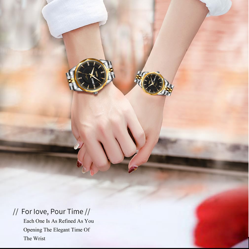SKMEI Пара Парные часы Парные часы Набор парных часов Классический Золотой Серебряный браслет из нержавеющей стали Водонепроницаемый Бизнес Люксовый бренд Подарок Черный Мужской