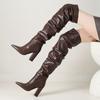 ПУ обувь осень-зима острый нос супер толстый каблук сапоги для верховой езды плиссированные сохраняющие тепло модные сапоги выше колена