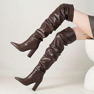 ПУ обувь осень-зима острый нос супер толстый каблук сапоги для верховой езды плиссированные сохраняющие тепло модные сапоги выше колена