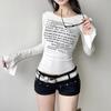 Spicy Girl Basic Knitted Slim Fit Round Neck Letter Printed Slit Long Sleeved T-shirt for Women