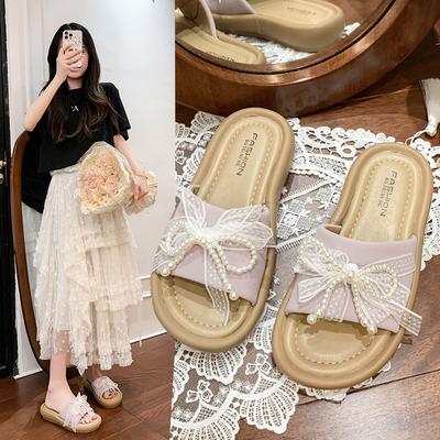 Женская верхняя одежда на толстой подошве с жемчугом, новинка 2025 года, универсальные шлепанцы с бантом и открытым носком для пляжа, летние, сказочные