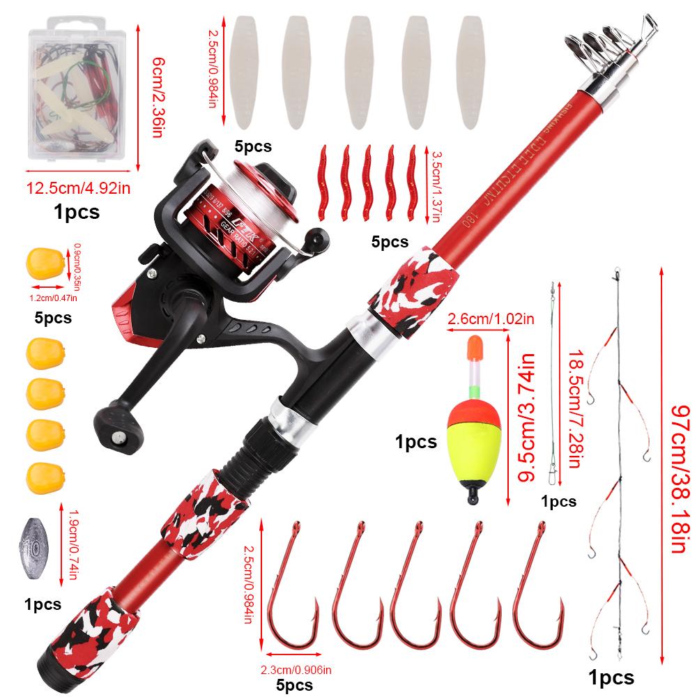 FTK Complete Fishing Kit: 1.8m/5.91ft Lightweight Fibreglass Spinning Rod and Reel Combo Cool Pack - for Fresh and Salt Water, Hooks