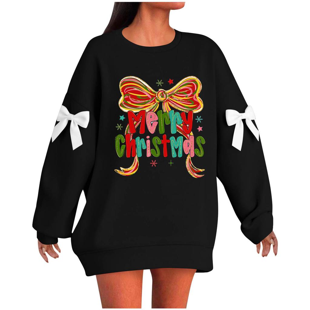 Ladies' Christmas Printed Bow Round Neck Long Sleeved Loose Pullover Sweater Sweatshirt Top