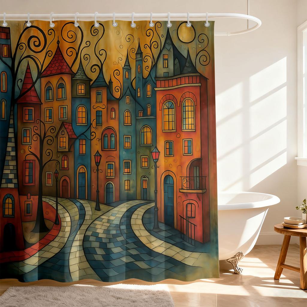 1PC Abstract Painted Fairy Tale Town Street Shower Curtain, Waterproof Bathroom Privacy Partition Hanging Curtain