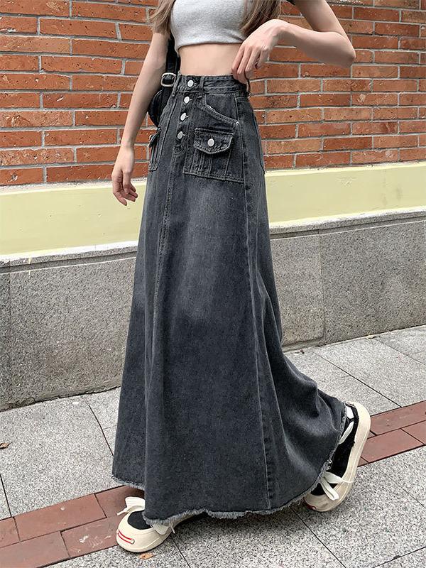 Women's Plus Size High-Waist Denim A-Line Skirt - Slim Retro Design for Autumn & Winter