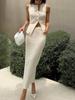 Summer Elegant Knit Solid 2 Piece Set Women Sexy Waistcoat Tops + Chic Wrap Long Skirt Fashion Slim Single Breasted Office Lady Suits