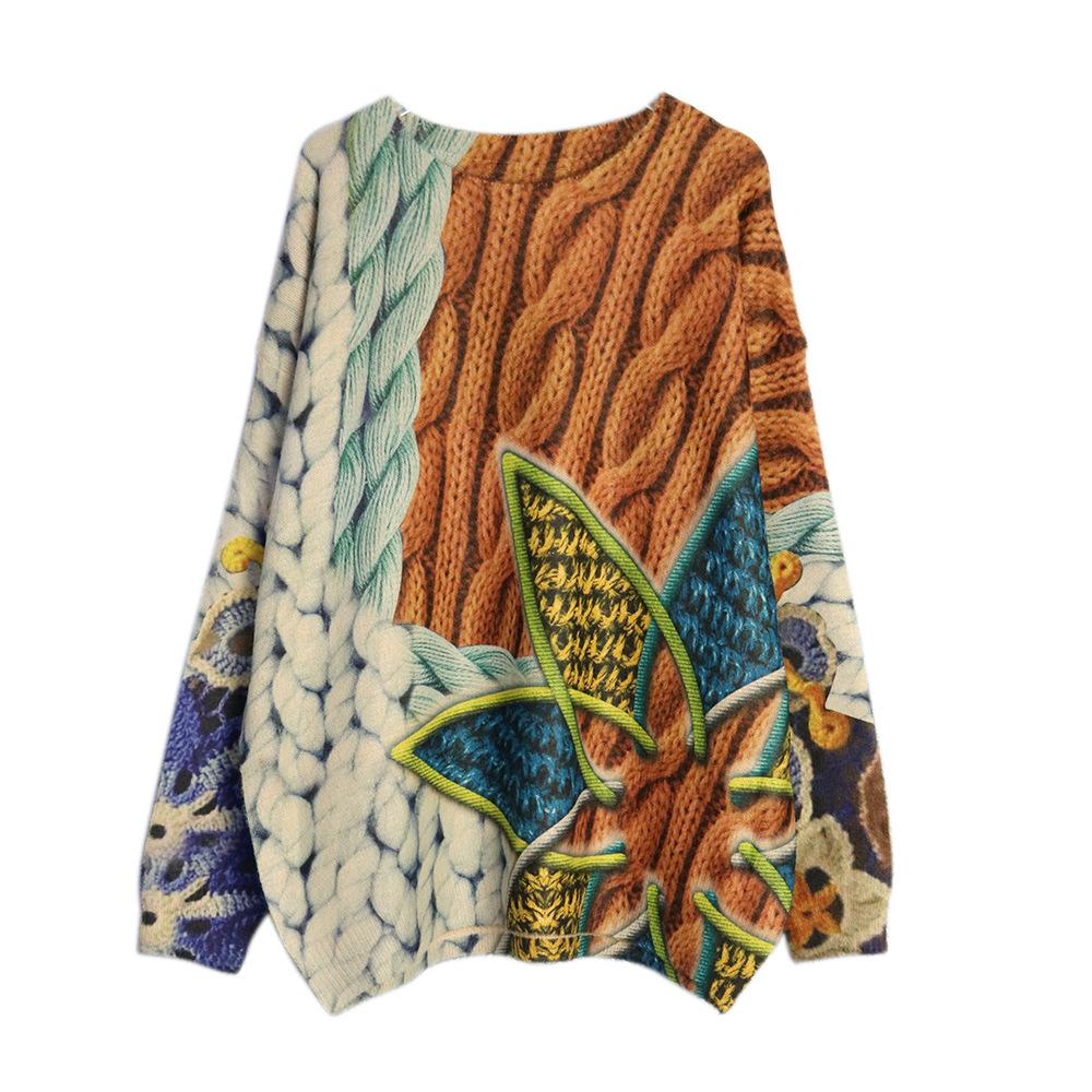 Dimanaf 2024 Новые свитера Пуловеры O-образный вырез Женские свитера Цветочный вязаный узор Печать Свободный свитер