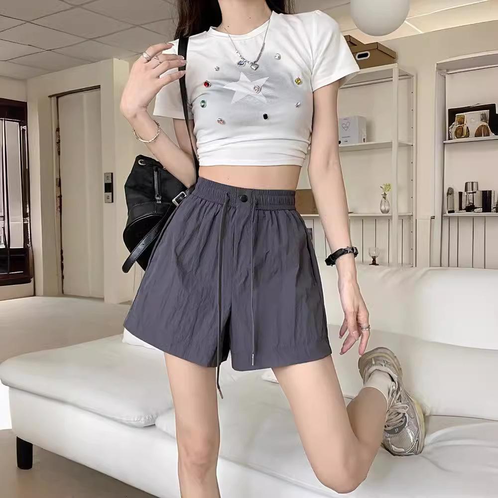 Серые широкие брюки женские повседневные шорты летние новые с высокой талией маленькие летние брюки свободные прямые