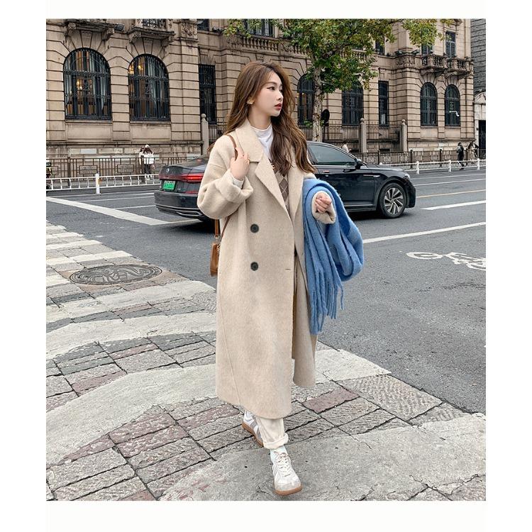 Шикарное и теплое розовое шерстяное пальто для женщин свободного кроя средней длины в корейском стиле