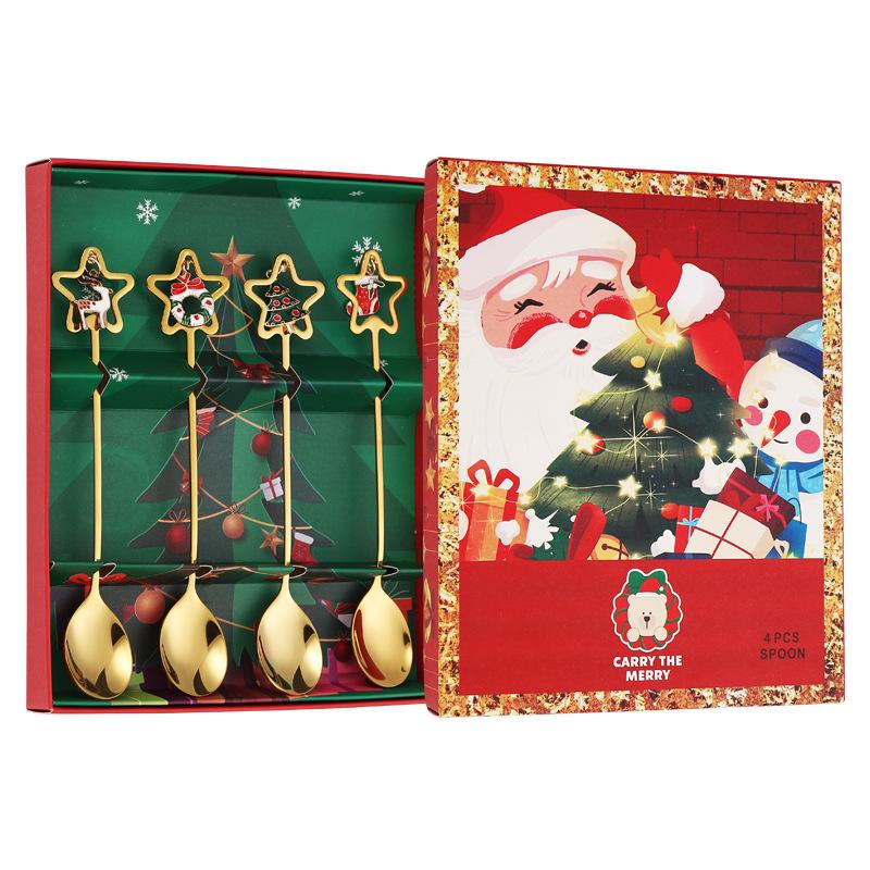 4PCS Christmas Coffee Spoons Set Gold Christmas Stainless Steel Spoon Dessert Spoon 2025 New Year Decoration for Tableware