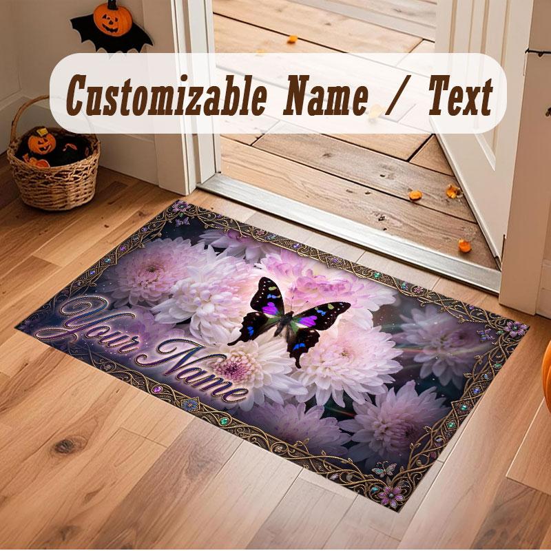 Butterfly Theme Crystal Velvet Floor Rug Personalized Custom Name Text Warm Carpet Home Decoration