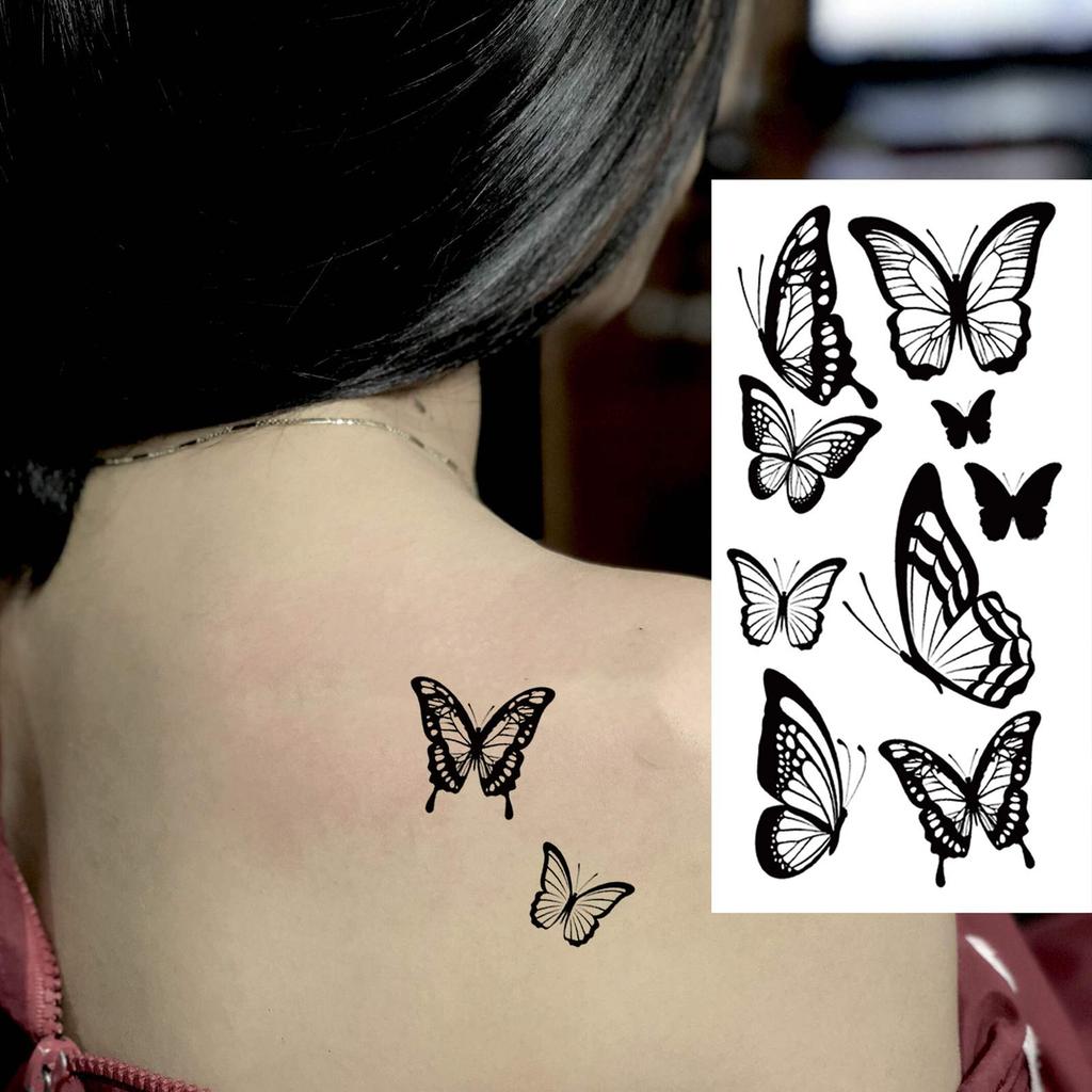 1 Sheet Black Butterfly Temporary Tattoos For Women Adults Fake Water Transfer Letter Tattoo Sticker Neck Hands