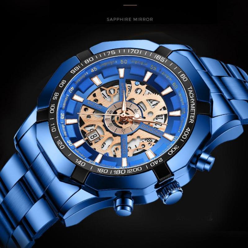 BINBOND Скелетон полые немеханические часы водонепроницаемые светящиеся многофункциональные часы синие мужские наручные часы