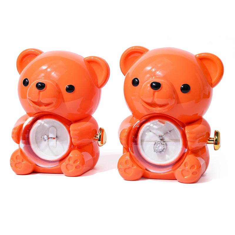 Vibrant Orange Huggable Bear Jewelry Box 360 Rotating Rose Flower Gift Box Exquisite Mini Case for Valentine's Day Gifts