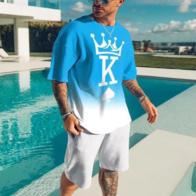 Футболки с 3D принтом King Letter и шорты, комплекты мужских модных спортивных костюмов, футболка большого размера с короткими рукавами, брюки, комплект мужских костюмов, одежда