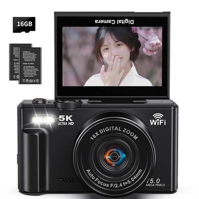 Цифровая камера Keculbo 5K 75 МП WIFI Отправка на смартфон Автофокус 3,0-дюймовый 180-градусный поворотный экран Карта Micro SD Черный 18-кратный зум Функция передачи AF