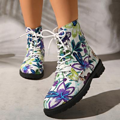 Мода 2025 Ботинки Женские Ботильоны на шнуровке С принтом Новая Европейская и Американская Мода Платформа Британские Короткие