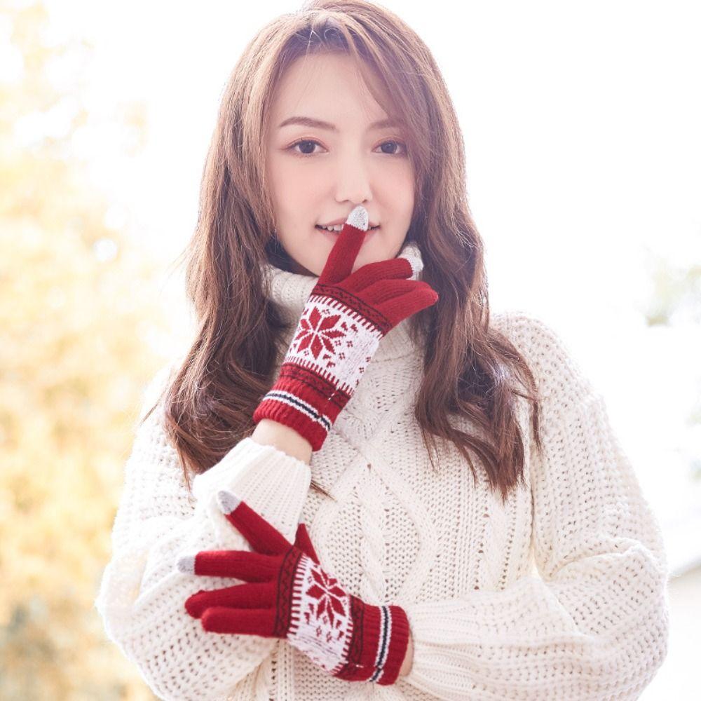 Warm Wool Gloves Full Fingers Gloves Unisex Gloves Korean Style Mittens Christmas Snowflakes Gloves