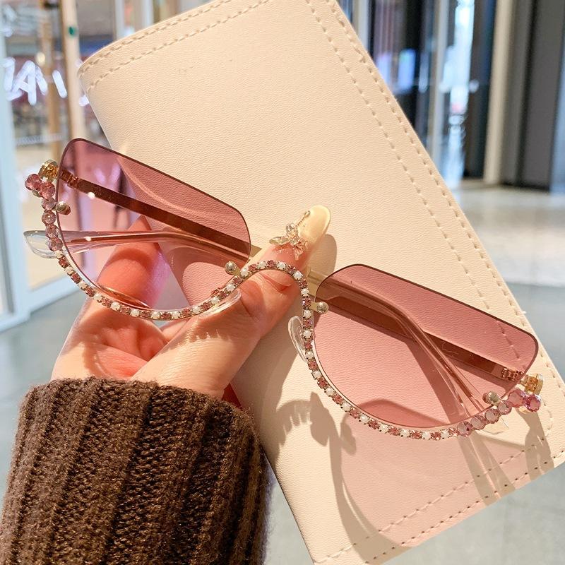 Vintage Half Frame Cat Eye Sunglasses Women Luxury Brand Designer Sun Glasses Punk Popular Diamond Metal Eyeglasses Uv400